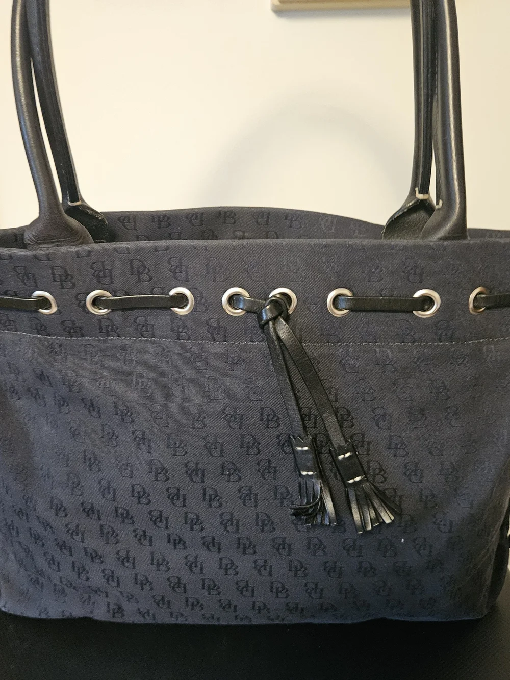 Dooney & Bourke Black On Black Monogram Drawstring Tote